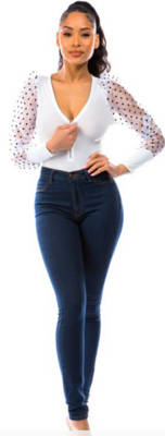 Long sleeve bodysuit with two transparent colors Size small medium large.96% polyester 4% is Spandex.