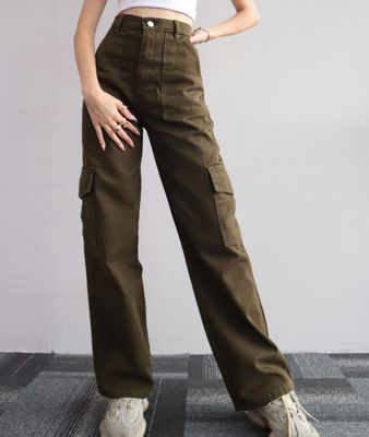 All-match casual pants Mid-waist three-dimensional pocket pants High-waist overalls