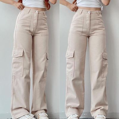 All-match casual pants Mid-waist three-dimensional pocket pants High-waist overalls
