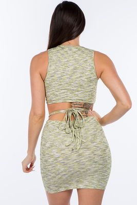 MULTI COLOR CROP TOP AND RUCHED MINI SKIRT SET  IN Gris