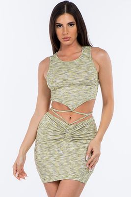 MULTI COLOR CROP TOP AND RUCHED MINI SKIRT SET  IN Gris
