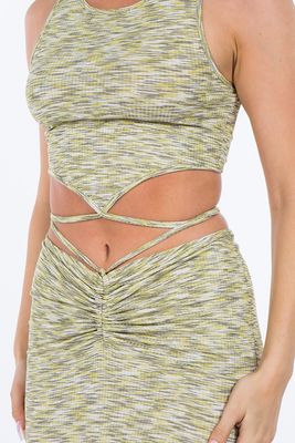 MULTI COLOR CROP TOP AND RUCHED MINI SKIRT SET  IN Gris