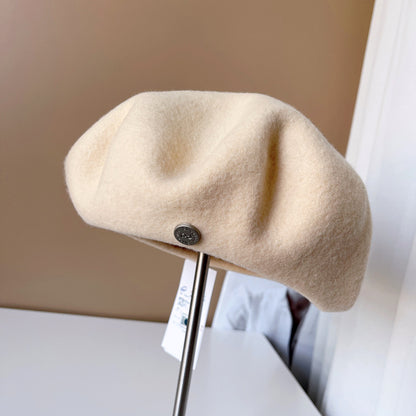 Spanish Wool Beret Hat Female Elegant French Painter Hat Badge Satin Lined British Retro Stewardess Hat