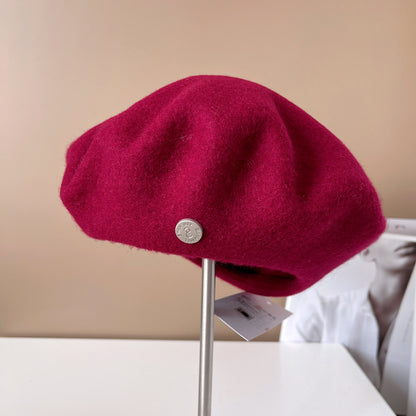 Spanish Wool Beret Hat Female Elegant French Painter Hat Badge Satin Lined British Retro Stewardess Hat