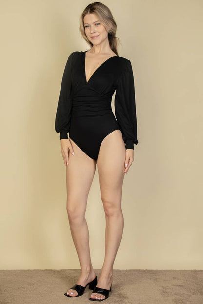 Plunge Neck Peasant Sleeve Bodysuit: WHITE / S