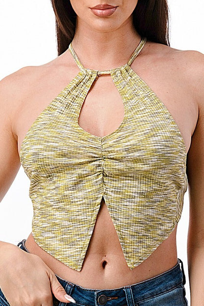 top in color Purple​ SLEEVELESS HALTER NECK SPACE DYE KNIT RIBBED