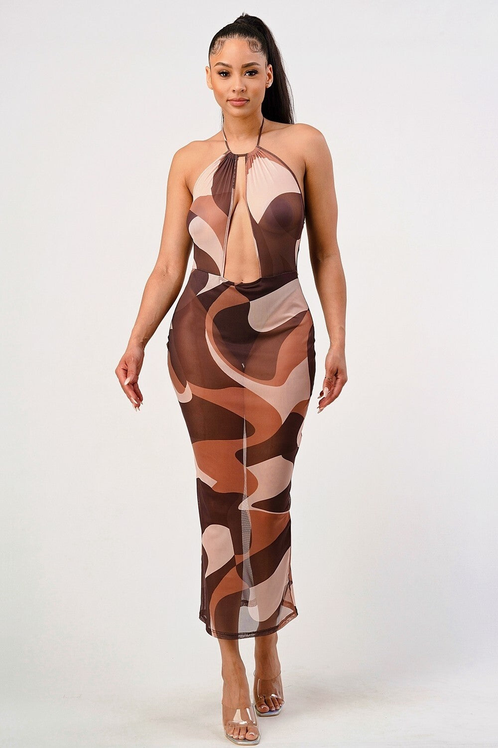 Vestido printiado largo metálico multicolor Prim transparente