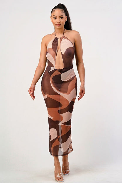 Vestido printiado largo metálico multicolor Prim transparente