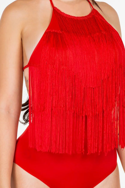 SLEEVELESS BODYSUIT WITH COLLAR IN RED ONLY