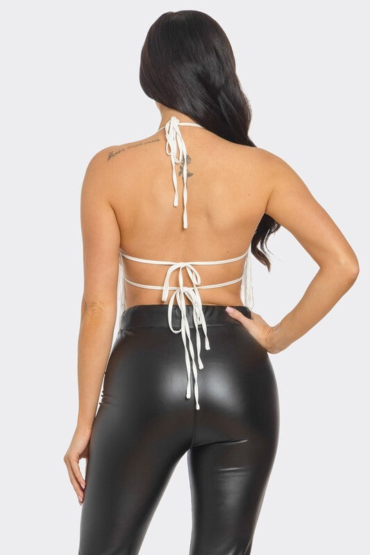 Top HALTER NECK OPEN BACK TIERED FRING 3 COLOR BLACK RED AND IVORY