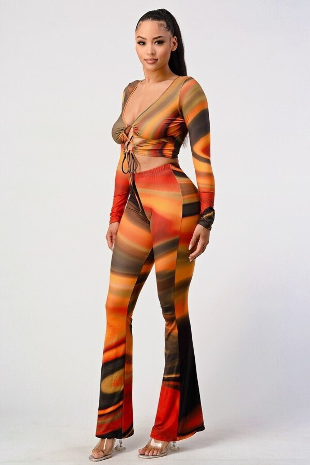 Set Pantalón y blusa conjunto con crop top manga largas