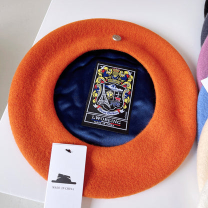 Spanish Wool Beret Hat Female Elegant French Painter Hat Badge Satin Lined Briti
