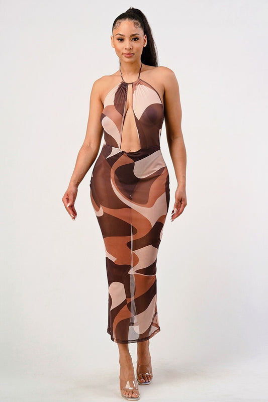 Vestido printiado largo metálico multicolor Prim transparente