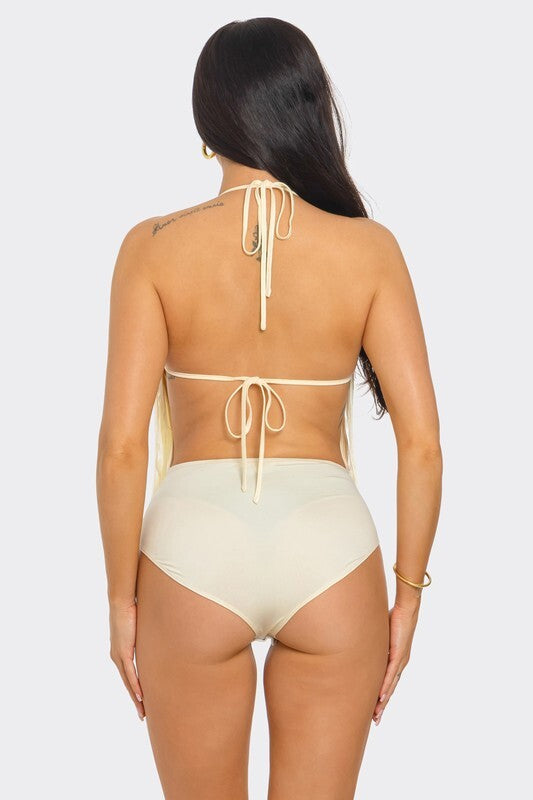 Top HALTER NECK OPEN BACK TIERED FRING 3 COLOR BLACK RED AND IVORY