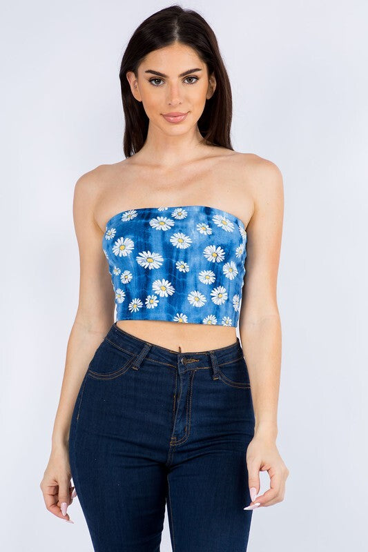 ​OFF SHOULDER TIE DYE AND DAISY PRINTED TUBE TOP.