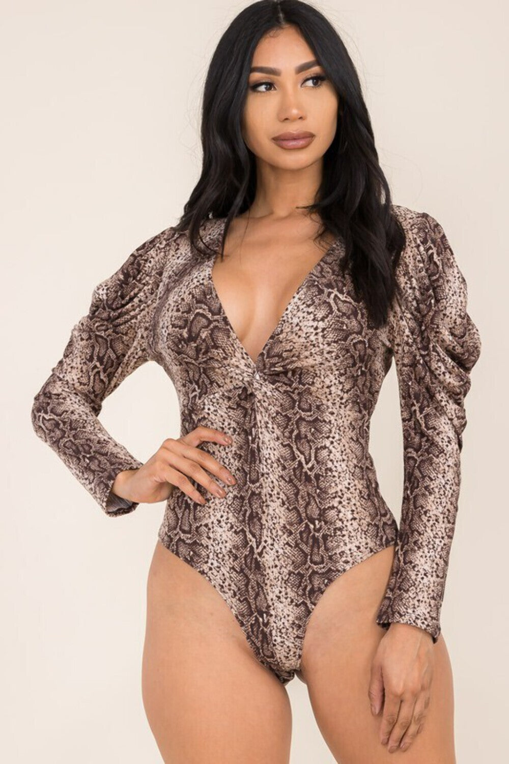 DTY SOFT TOUCH BRUSHED FABRIC SNAKE PRINT PUFF LONG SLEEVE BODYSUIT
