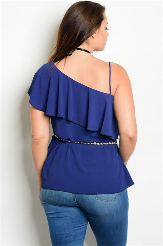blouse Royal blue one shoulder elegant .
