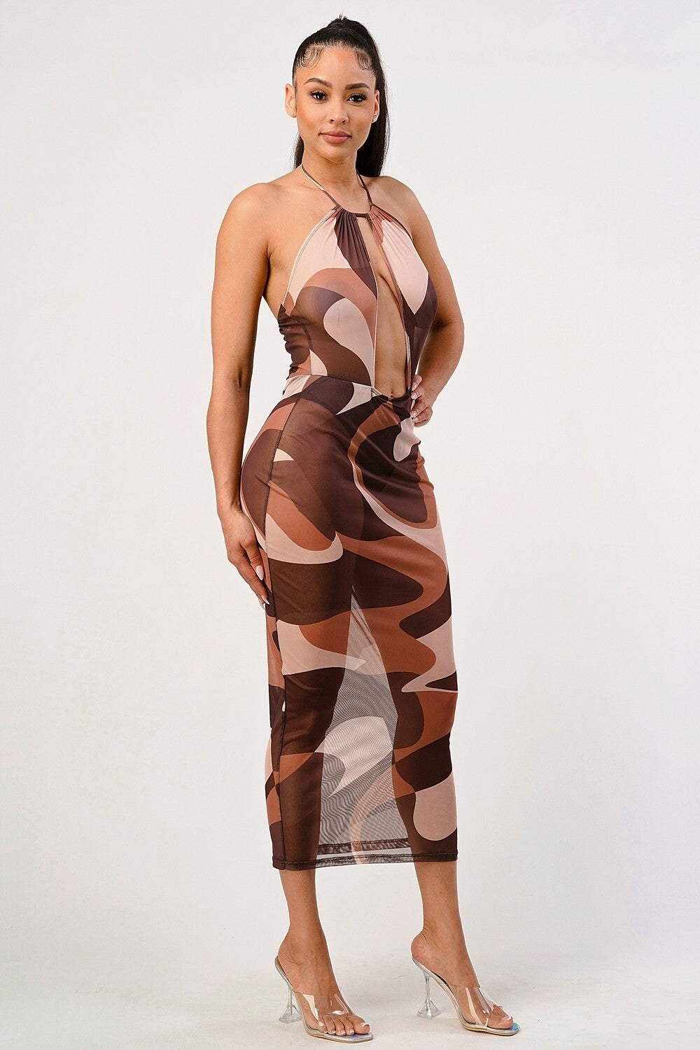 Vestido printiado largo metálico multicolor Prim transparente