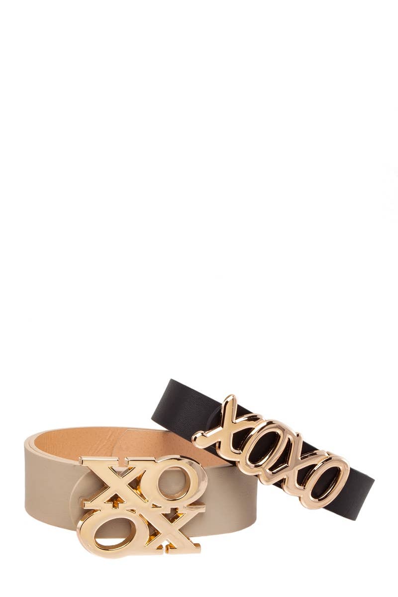 Stacked and Elongated XOXO Buckle Duo Belt Set: Khaki