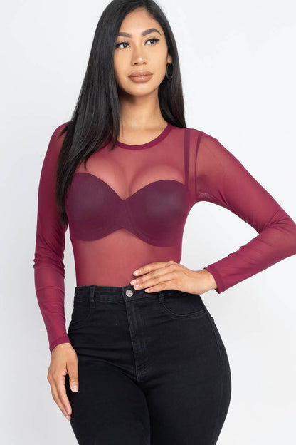 Mesh Sheer Long Sleeves Bodysuit: Black / L