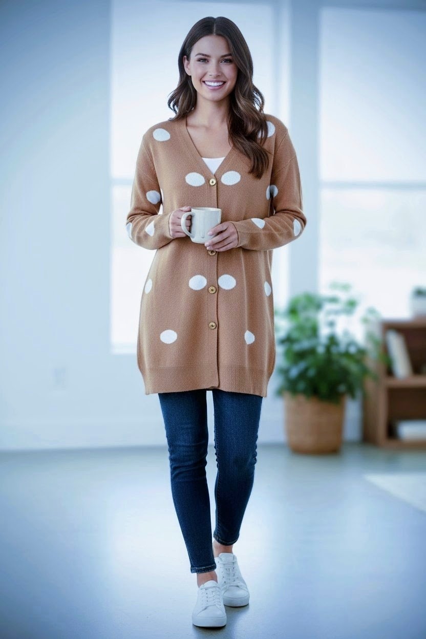 Cardigan Estampado en Círculo Blanco Crema Claro