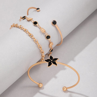 European American retro style silver four-piece bracelet set with elegant five-petal flower butterfly main stone fashion zircon