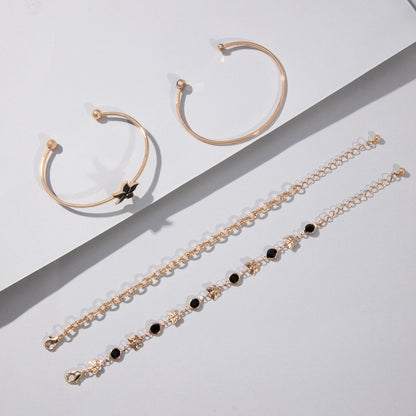 European American retro style silver four-piece bracelet set with elegant five-petal flower butterfly main stone fashion zircon