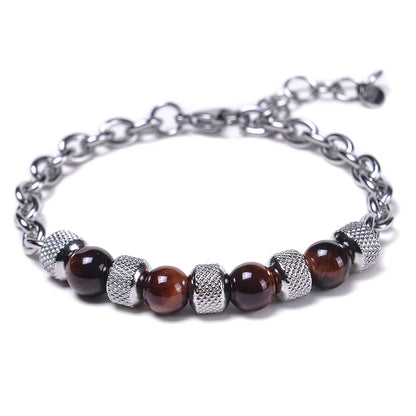 Natural Tiger Eye Beaded Bracelet Men's Stainless Steel Energy Stone Retro Style Fashion Jewelry