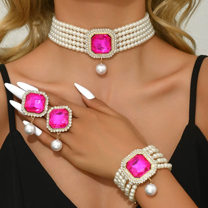 High-end Fashion Multi-row Colorful Bracelet Necklace Earrings Ring Green Set