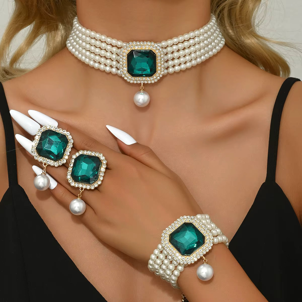 High-end Fashion Multi-row Colorful Bracelet Necklace Earrings Ring Green Set