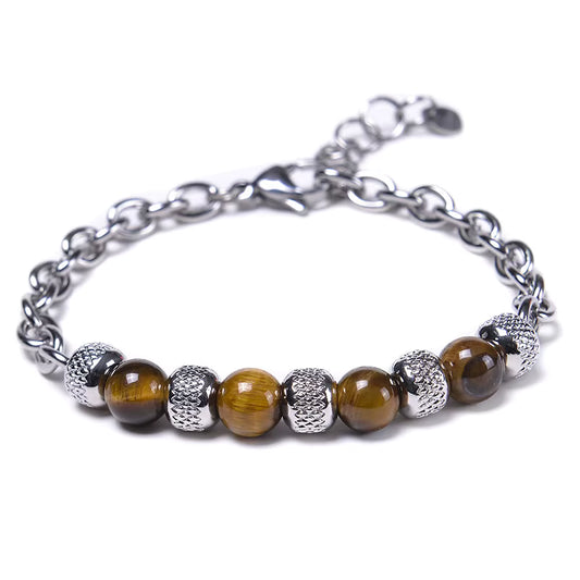 Natural Tiger Eye Beaded Bracelet Men's Stainless Steel Energy Stone Retro Style Fashion Jewelry