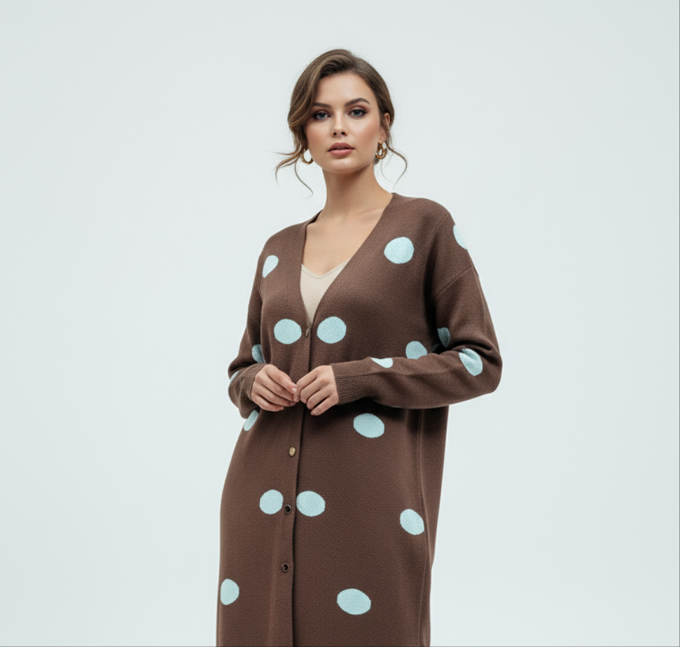 Cardigan Estampado en Círculo Blanco Chocolate Camel