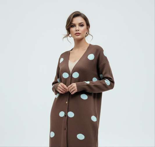 Cardigan Estampado en Círculo Blanco Chocolate Camel