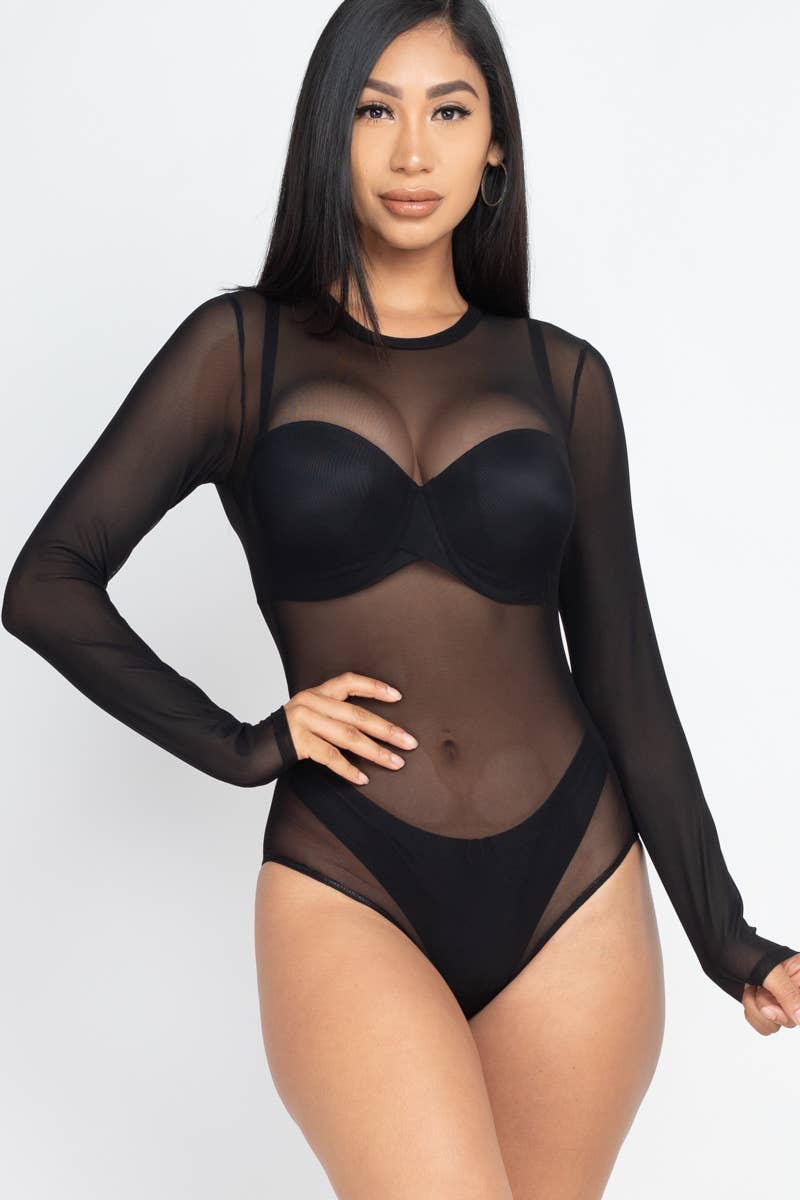 Mesh Sheer Lon lo deg Sleeves Bodysuit: Rust / L