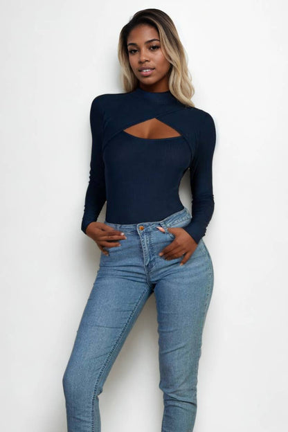 Front Cutout Long Sleeve Bodysuit: Navy / S