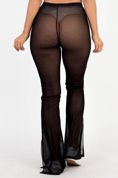 Nylon Mesh Side Slit High Waist Flared Pants: Black / L