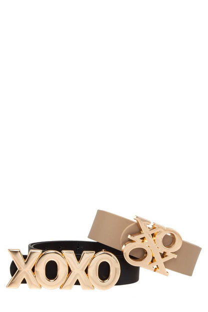 Long and Stacked XOXO Buckle Duo Belt Set: Cognac