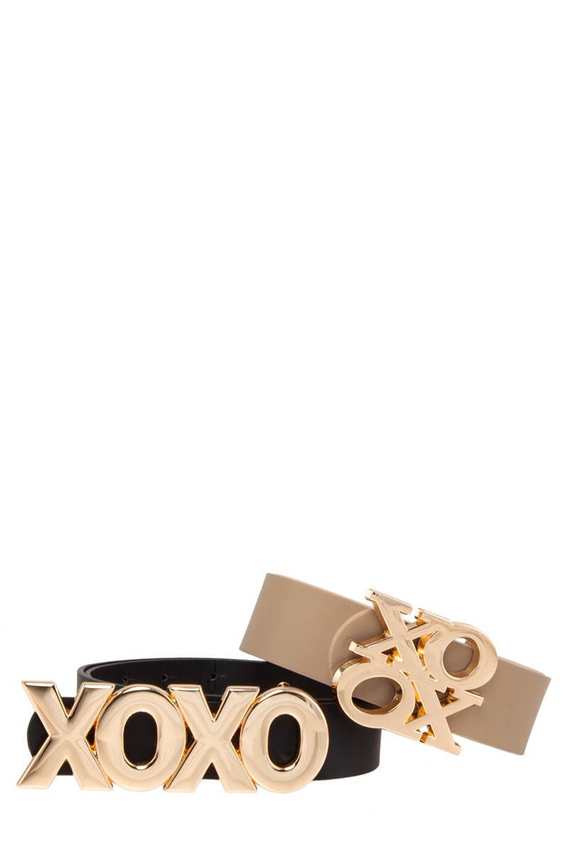 Long and Stacked XOXO Buckle Duo Belt Set: Khaki