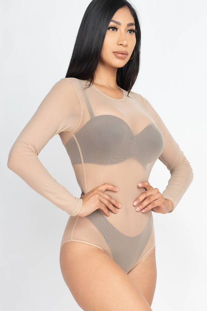 Mesh Sheer Long Sleeves Bodysuit: Rust / M