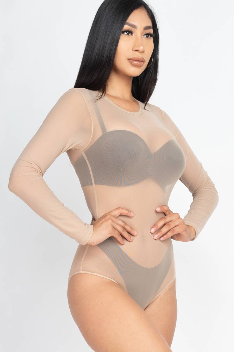 Mesh Sheer Long Sleeves Bodysuit: Khaki / S