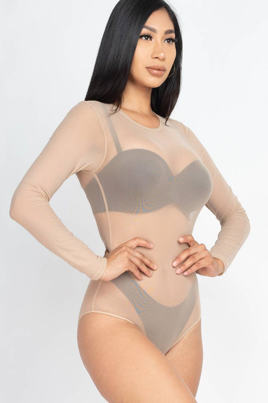 Mesh Sheer Long Sleeves Bodysuit: Khaki / S