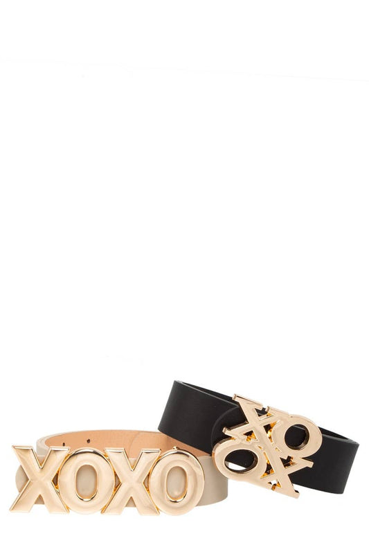 Long and Stacked XOXO Buckle Duo Belt Set: Khaki