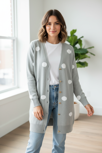 Mujer usando cárdigan gris clarito sin bolsillos
