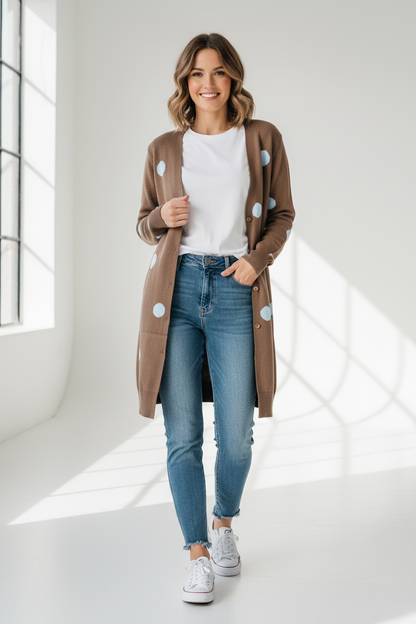 Mujer usando carga printiado con círculo blanco