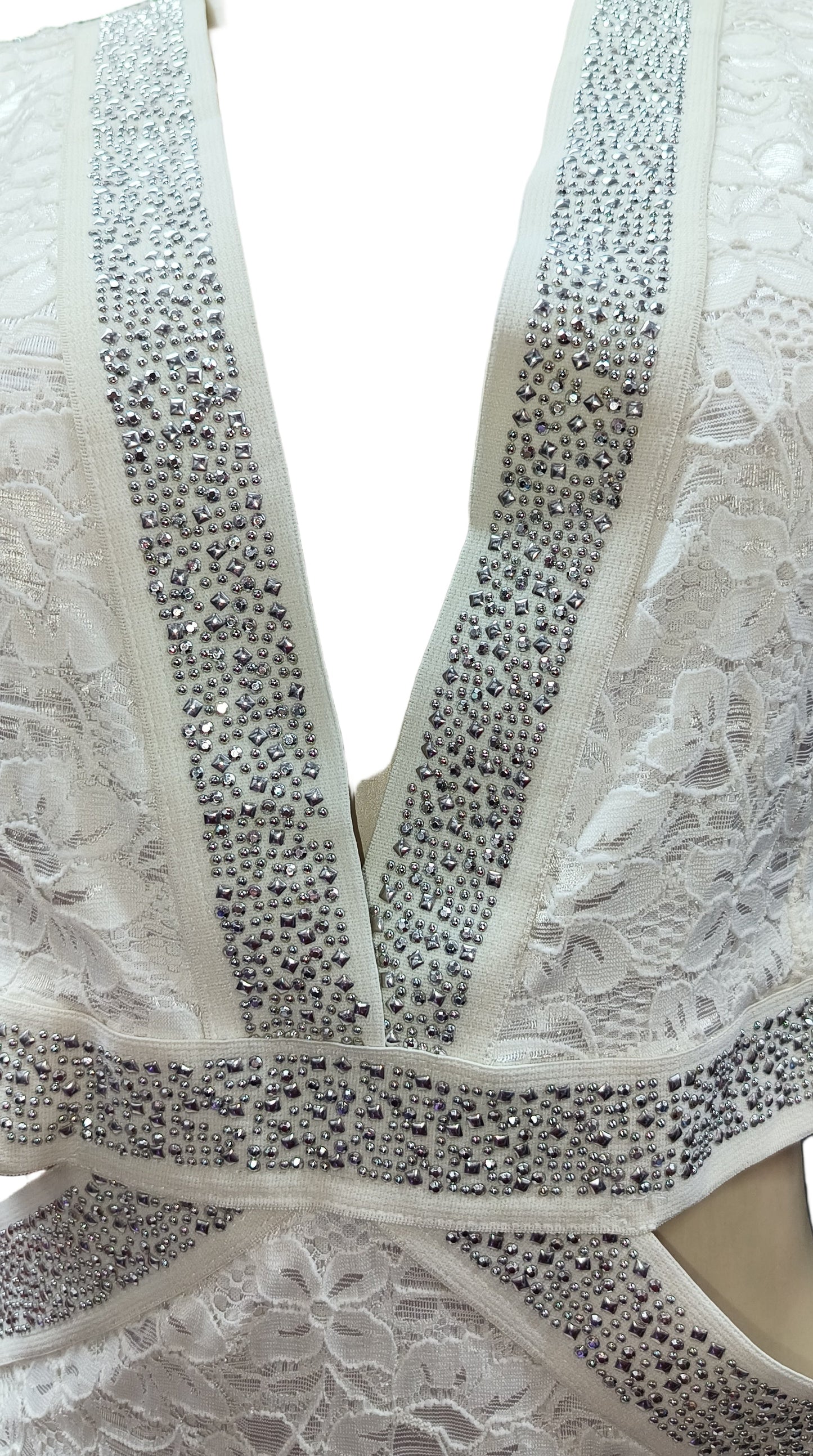 Off-white party dress with a sparkly silver rhinestone design