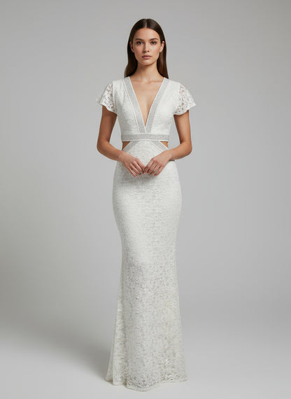 Off-white party dress with a sparkly silver rhinestone design