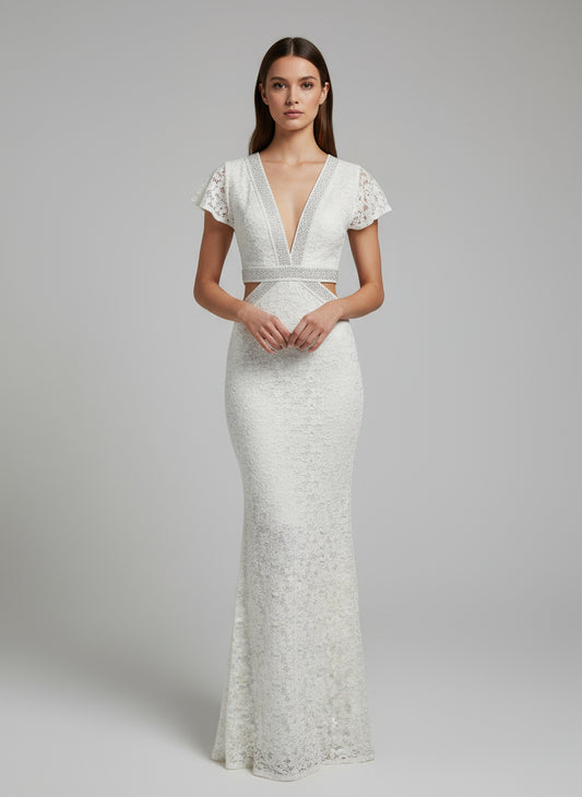 Off-white party dress with a sparkly silver rhinestone design