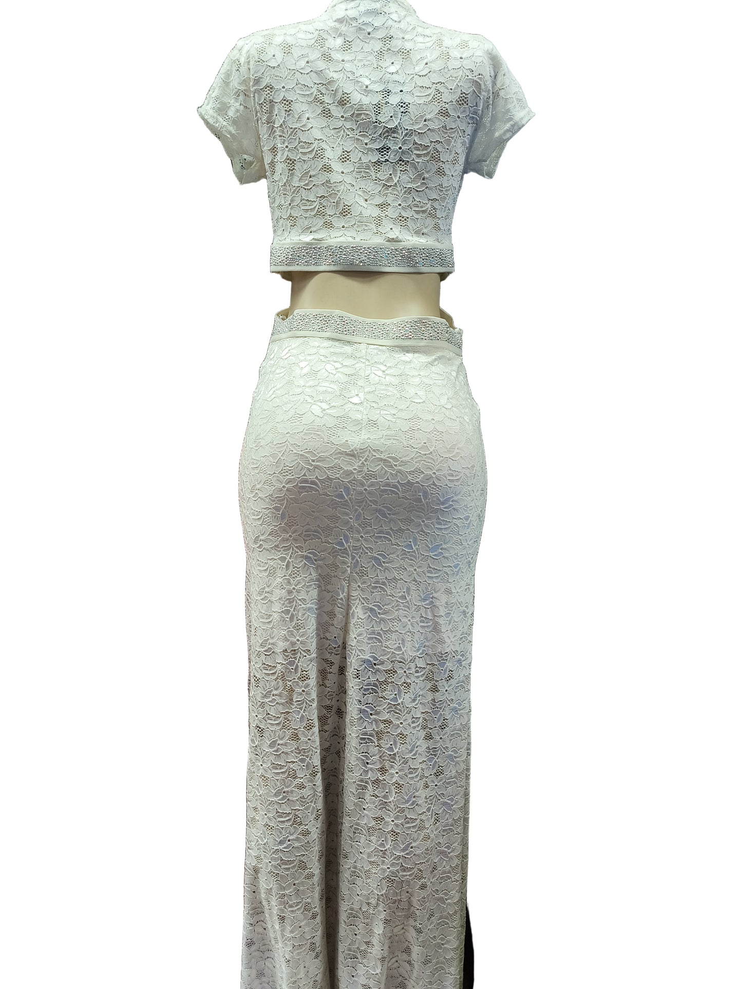 Off-white party dress with a sparkly silver rhinestone design