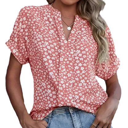 Camisa casual Camisa floral pequeña de manga corta con cuello en V plisada