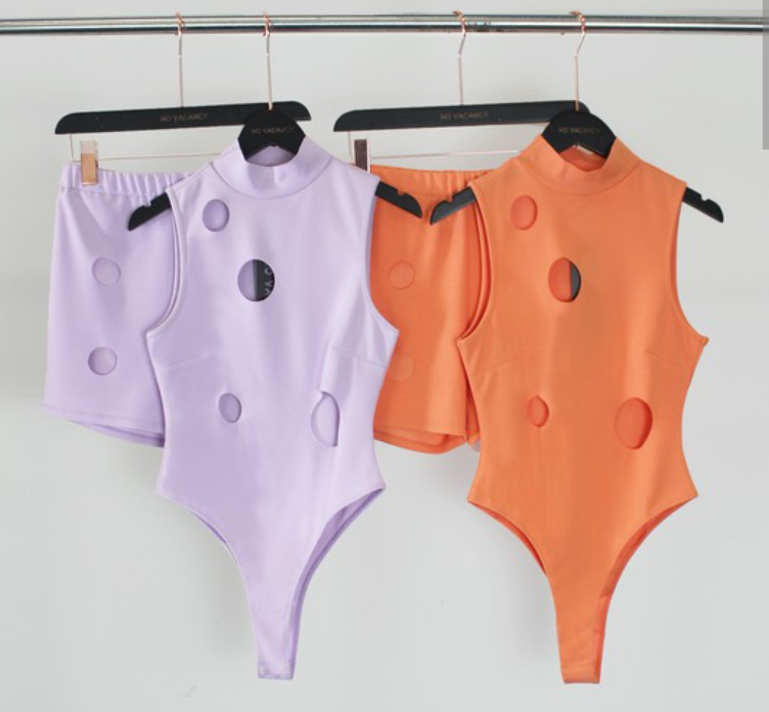 Circle cutout bodysuit and biker shorts set - Circle cutout bodysuit and bike...